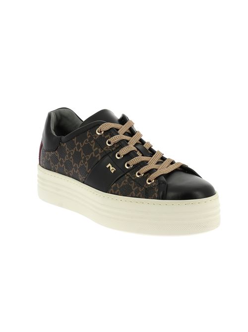 sneakers da donna in pelle ed ecopelle nera e testa di moro NERO GIARDINI | I411614D100